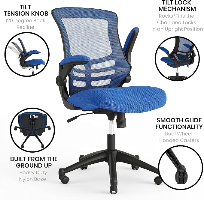 Flash Furniture Kelista Mid-Back Blue Mesh Swivel Ergonomic Task Office Chair with Flip-Up Arms - Image 5