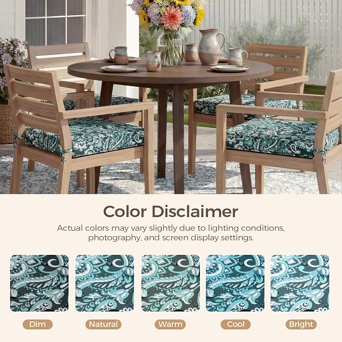 UNIKOME Outdoor Chair Cushions Set of 4, Water Resistant Patio Seat Cushions with Ties for Outdoor Furniture, High-Density Foam, UV & Fade Resistant, Piped Edge – 18.5" x 16" x 3", Boho Teal Paisley - Image 7