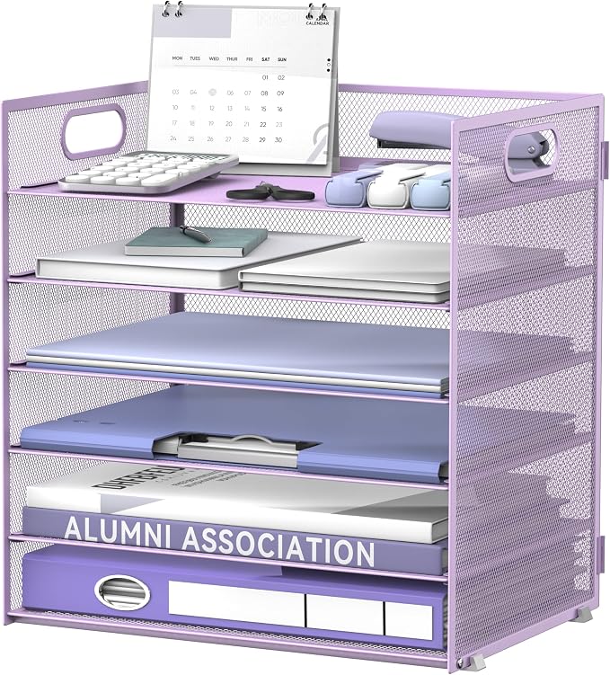 Daltack 6-Tier Paper Organizer for Desk with Handle, Purple | Sturdy Metal Mesh Organizer with Movable Middle Trays and a Carry Handle for Papers, Folders and Office Supplies by DALTACK