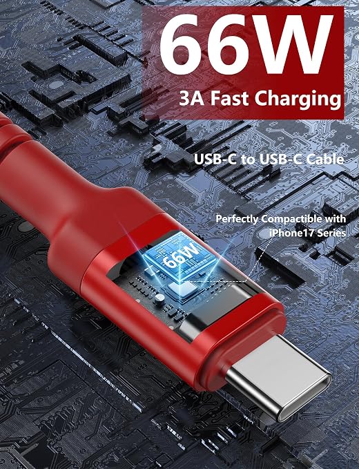 USB C to C Cable 10FT, 2Pack USB C Charger Cable, Long Type C Fast Charging | Cable Nylon Braided USBC Charger Cord Compatible with iPhone 17/16/15/Pro/Plus/Pro Max/Samsung Galaxy S23/LG and More-Red - Image 3