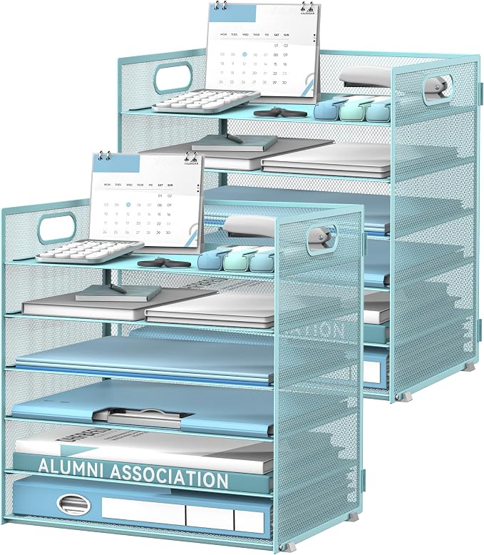 Daltack 6-Tier Paper Organizer for Desk with Handle, Blue, 2 Pack | Sturdy Metal Mesh Organizer with Movable Middle Trays and a Carry Handle for Papers, Folders and Office Supplies by DALTACK