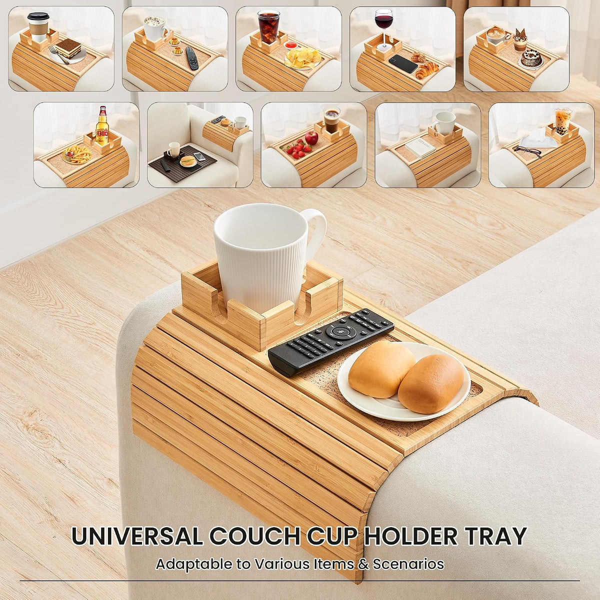 Bamboo Sofa Arm Tray Table, Foldable Couch Cup Holder, Anti-Slip Wide Couch Arm Tray Aremrest Table for Drink, Cup, Remote, Snacks, Cellphone, Portable, Bamboo/Cork Color - Image 4
