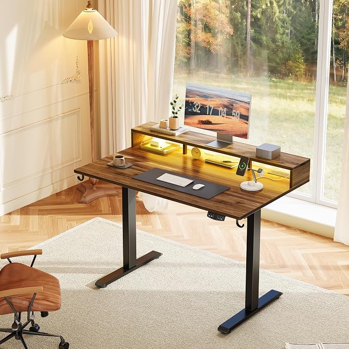 Klicelor Electric Standing Desk with Shelf, 48 Inch Height Adjustable Desk with Power Outlets & LED, Sit Stand Up Table with Monitor Stand, Computer Workstation for Home Office, Dark Walnut - Image 2