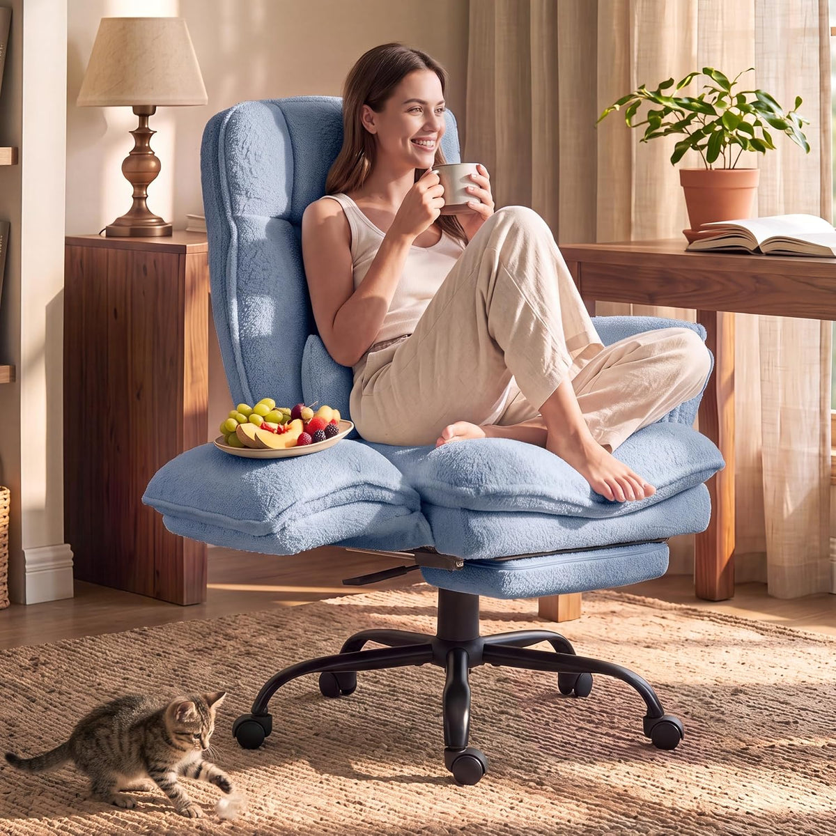 Wider Seat Office Chair with Flip Armrests for Criss Cross Legged&Cats, Big and Tall Executive Ergonomic Reclining Chair with Footrest&Lumbar Pillow, Teddy Fleece Desk Chair,Pink Vanity Chair by Sofayonn