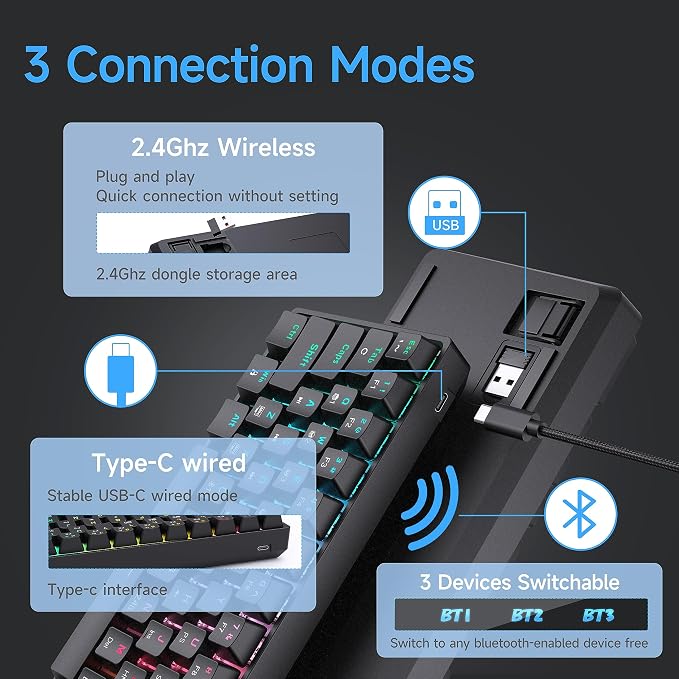 DIERYA DK63 60% Wireless Mechanical Gaming Keyboard | Bluetooth/2.4G/Wired Keyboard | RGB Backlit Compact 63 Keys Mini Office Keyboard | with Blue Switch | for Windows Laptop PC Gamer Typist-Black - Image 3