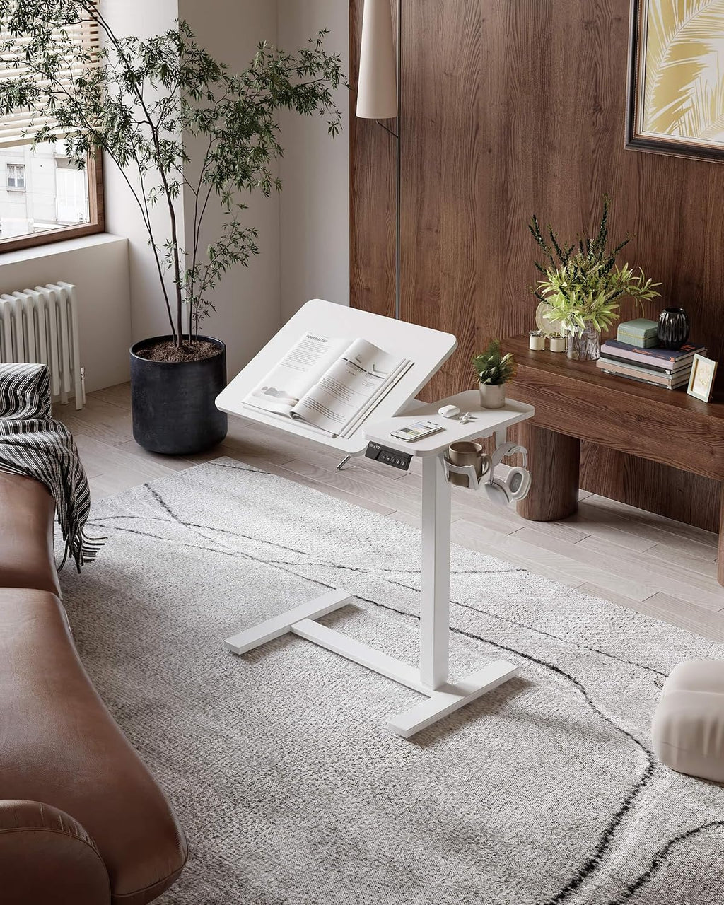 YIHAYO 28 x 16 Inches Electric Adjustable Overbed Bedside Table, White - Image 2