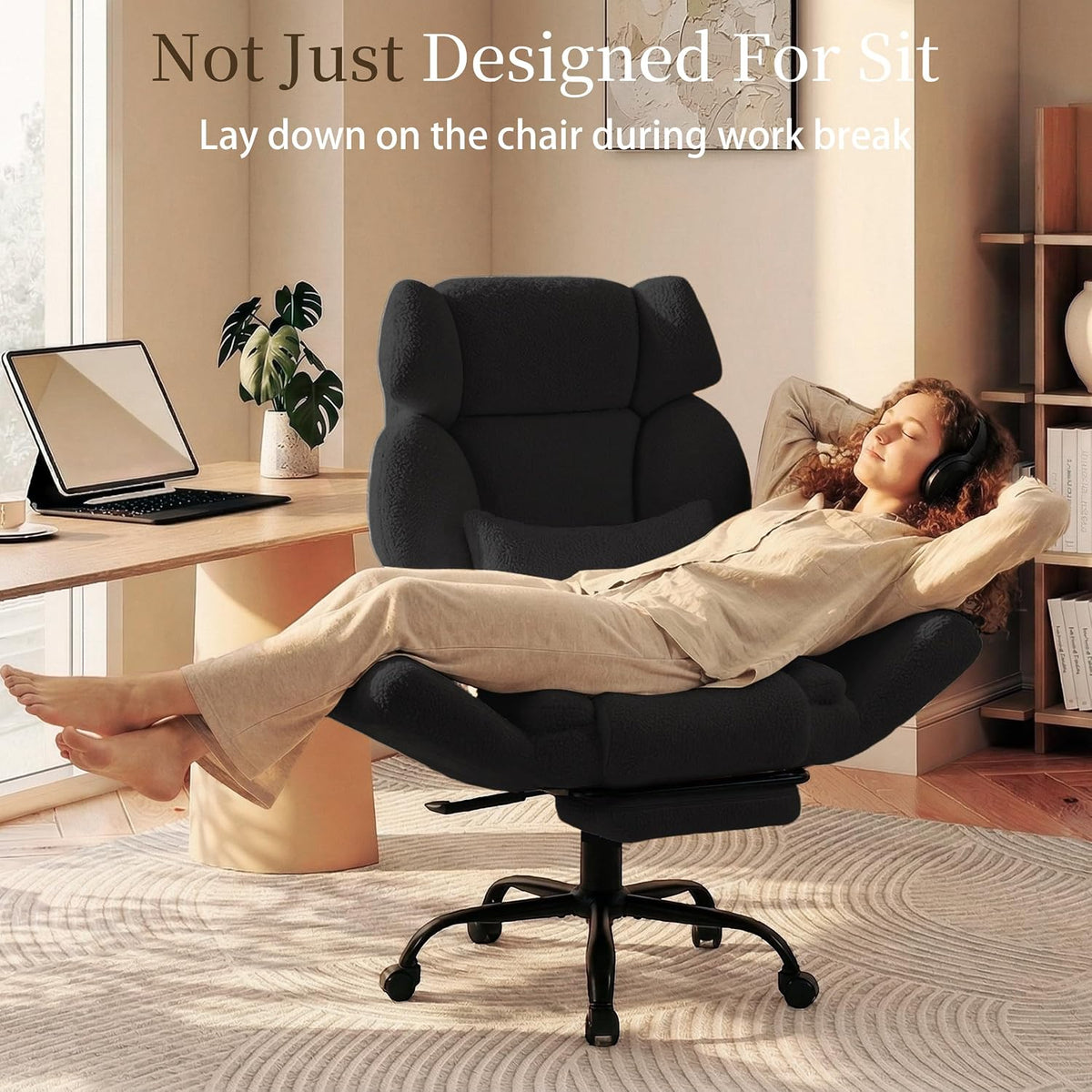 Office Chair with Flip Armrests,Comfy Criss Cross Chair for Pets Sitting,Big and Tall Office Chair with Foot Rest,Extra Wide Seat & Lumbar Pillow,Ergonomic Computer Gaming Chair,Teddy Fleece,Black - Image 7