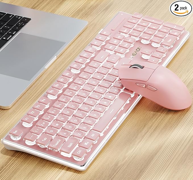 V3 Wireless Keyboard and Mouse Combo, Bluetooth/2.4G Rechargeable Light up Quiet Computer Wireless Keyboard and Mouse with White Backlit, Metal Panel-Pink by SEUNKWANG