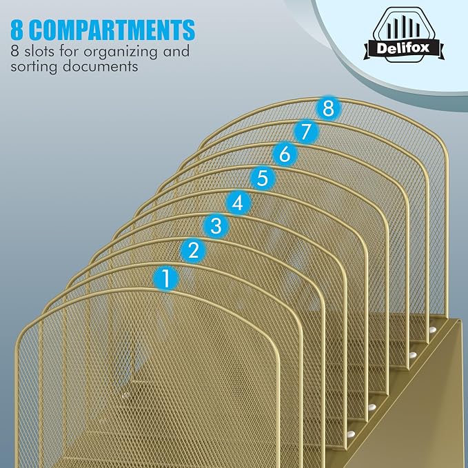 Inclined Desk File Organizer, 8-Section Upright Desk Organizer Standing File Sorter for Office Classroom Desktop Organization (Gold, 8) - Image 4