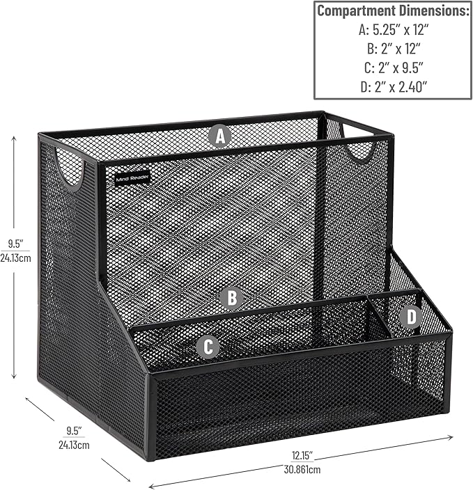 Mind Reader Desktop Organizer with Hanging File Storage, 4 Compartment Letter Size File Holder, Metal Mesh Desk Organizer for Office and Home, Black - Image 3