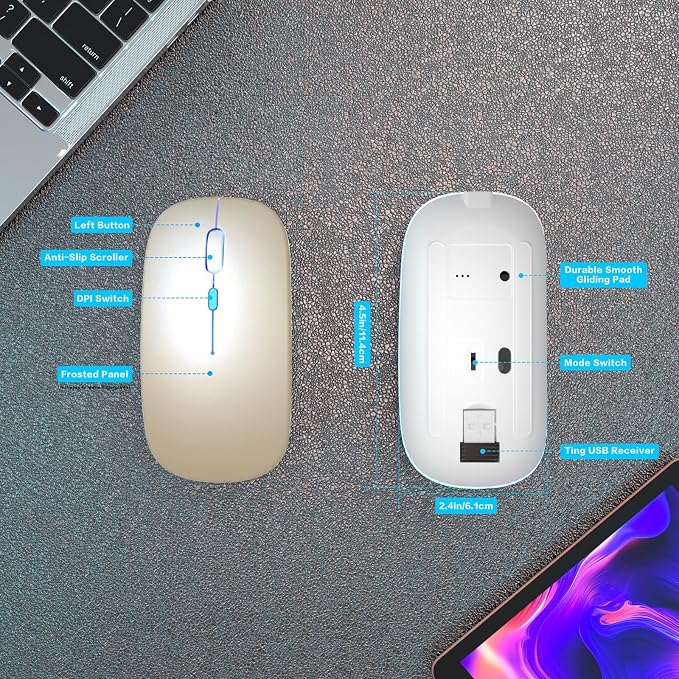 AIKOKOK Wireless Mouse, Bluetooth Mouse Rechargeable Dual Mode, Gold | BT 5.2 & 2.4G USB Receiver, 3 Adjustable DPI,LED Lights,Slim,Silent,Portable Computer Mouse for Laptop,PC,MacBook,iPad,Tablet - Image 6