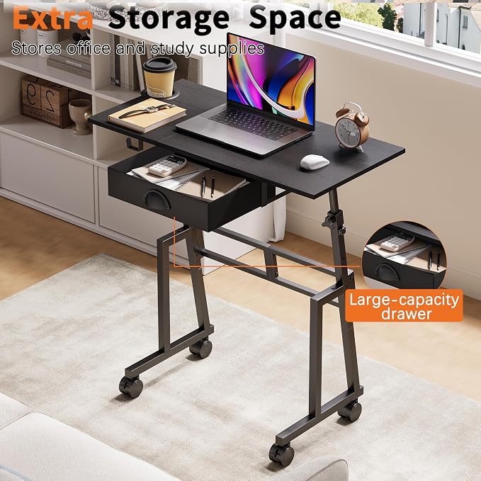 Adjustable Height Standing Desk with Drawer, Rolling Sit to Stand Up Desk | Height 31.5"-43.3" Small Mobile Laptop Standing Desk for Treadmill Walking Pad with Wheels, Movable Classroom Podium (Black) - Image 6