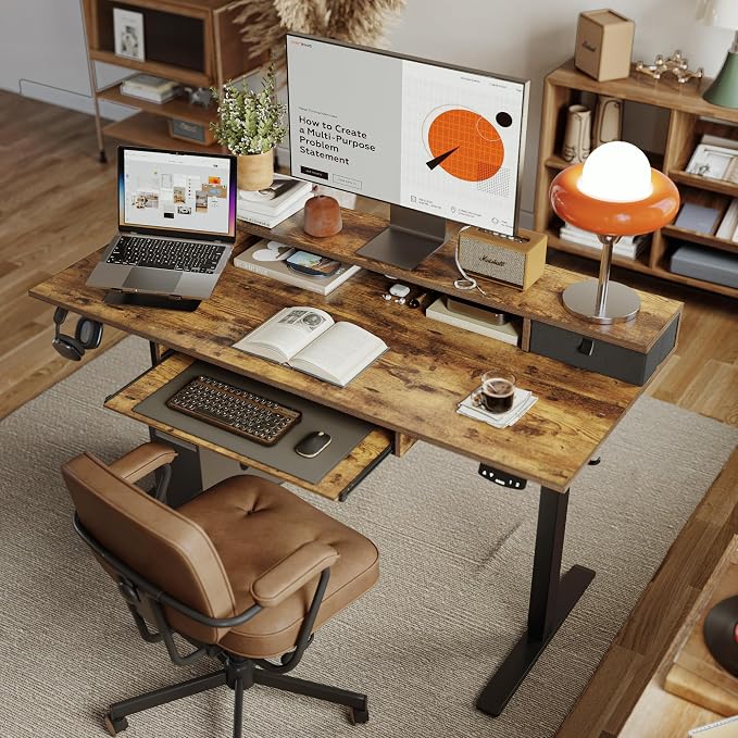 Agilestic 55 Inch Standing Desk with Drawers & Keyboard Tray, Rustic Brown | Electric Height Adjustable, 2 Storage Drawer, Monitor Stand, Sturdy Steel Frame, Memory Presets, Hooks, 154 lbs, Splice Board - Image 2