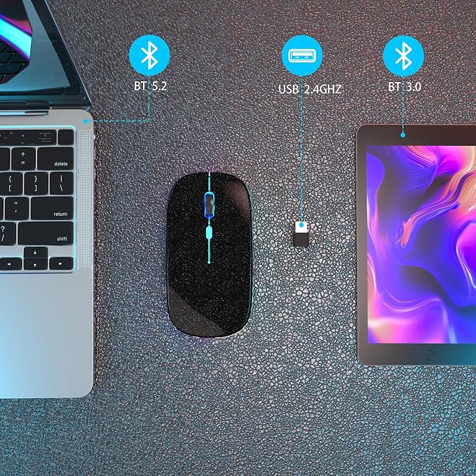 AIKOKOK Wireless Bluetooth Mouse, Rechargeable Dual Mode Mouse, Black Pearl | BT 5.2 & 2.4G USB Receiver, 3 Adjustable DPI,LED Lights,Slim,Silent,Portable Computer Mouse for Laptop,PC,MacBook,iPad,Tablet - Image 5