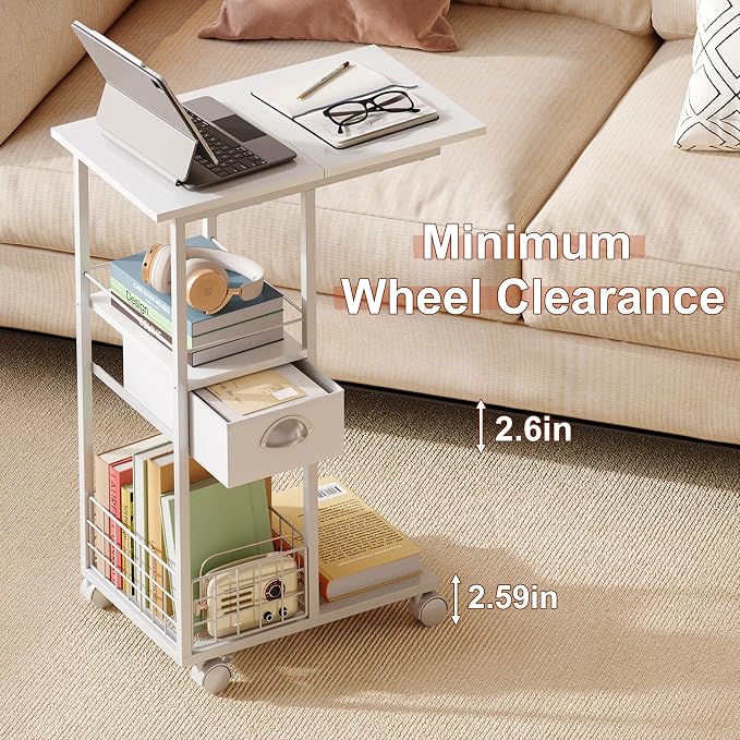 Rolling Side Table with Storage Drawer, White Bedside Table with Wheels, TV Tray for Sofa, Portable Desk on Wheels, Modern Night Stand, Overbed Table for Bedroom, C Shaped End Tables Living Room - Image 6