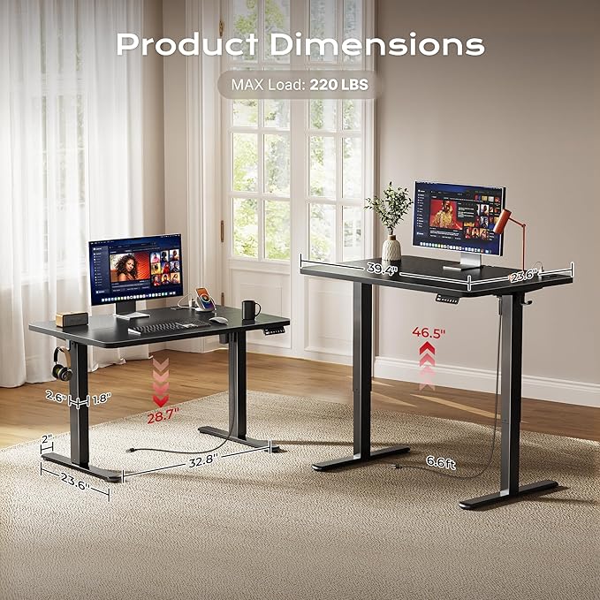Huuger Electric Standing Desk with Power Outlets and USB-C Port, 39 X 24 Inch Height Adjustable Desk, Sit Stand Desk for Home Office, Computer & Gaming Desk with 4 Presets, Stable Steel Frame, Black - Image 5