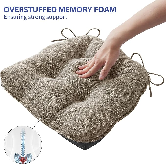 IPYNBAP Chair Cushions for Dining Chairs Set of 4, Kitchen Chair Cushions, Chair Pads with Ties and Non Slip Backing, Tufted Memory Foam Seat Cushion 4 Pack, 15.5" x 15.5" x 4", Khaki - Image 5