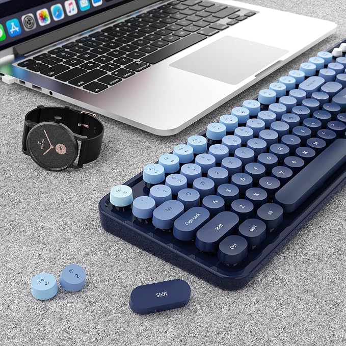 Wireless Keyboard and Mouse Combo, Ergonomic Full Size Typewriter Retro Round Keycaps Keyboard, Compatible with Windows, PC, Perfer for Home and Office Keyboards (Twilight Blue - Image 9
