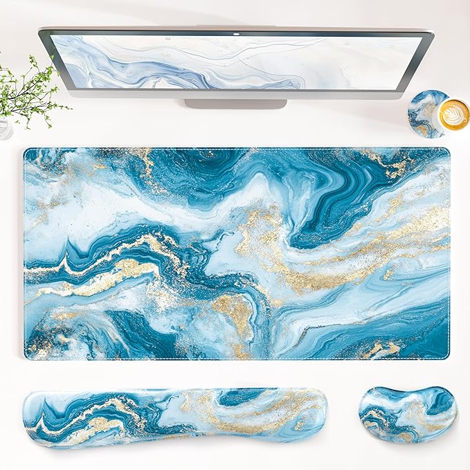 QIYI PU Leather Desk Mat Set, 4-in-1 Ergonomic Wrist Rest, Blue Fluid Art | Waterproof Large Mouse Pad 31.5×15.7 + Keyboard Wrist Rest + Mouse Wrist Support+Coaster, Non-Slip Office Gaming Accessories by QIYI