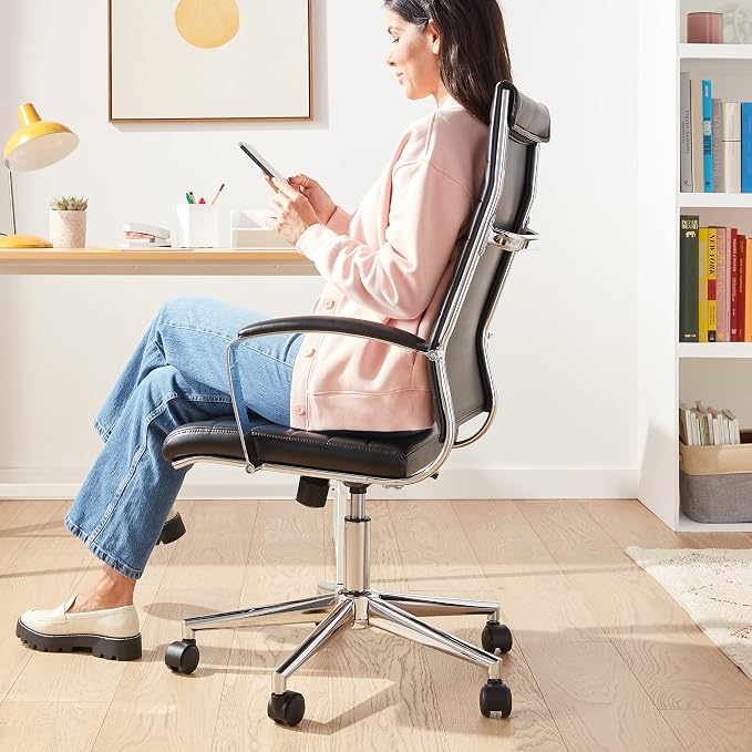 Amazon Basics High-Back Swivel Office Chair with Lumbar Support, Ergonomic Ribbed Faux Leather, Adjustable Height, 45.25" x 24.75" x 23.25", Black - Image 2