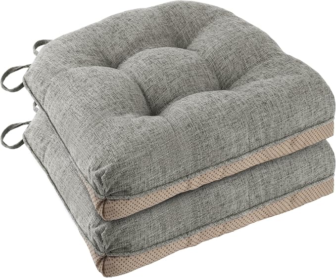 Chair Cushions for Dining Chairs Set of 2, 18"x18"x3", Light Grey | Non-Slip with Ties, Tufted, Faux Linen, Seat Cushions for Dining Room Kitchen Breakfast Nook Indoor Home Office Living Room by FlyGulls
