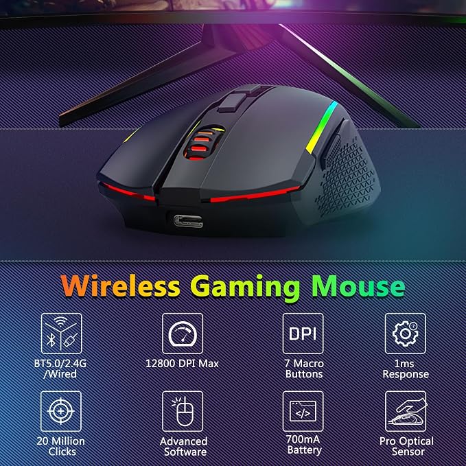 Redragon Wireless Gaming Keyboard and Mouse Combo, 75% Portable, Black | Bluetooth/2.4G/USB-C Wired, RGB Backlit, Quiet Rechargeable Macro Membrane Keyboard & 12800 DPI Mouse for Win/MAC - Image 4