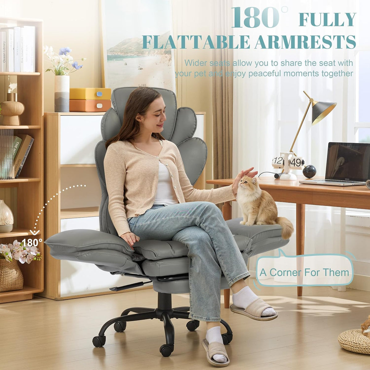Flip Armrests Criss Cross Office Chair, Reclining Office Chair with Foot Rest, Adjustable Headrest, Massage Waist Pillow, Cross Legged Big and Tall Desk Chair Wide Seat Vanity Chair, Grey PU Leather - Image 3