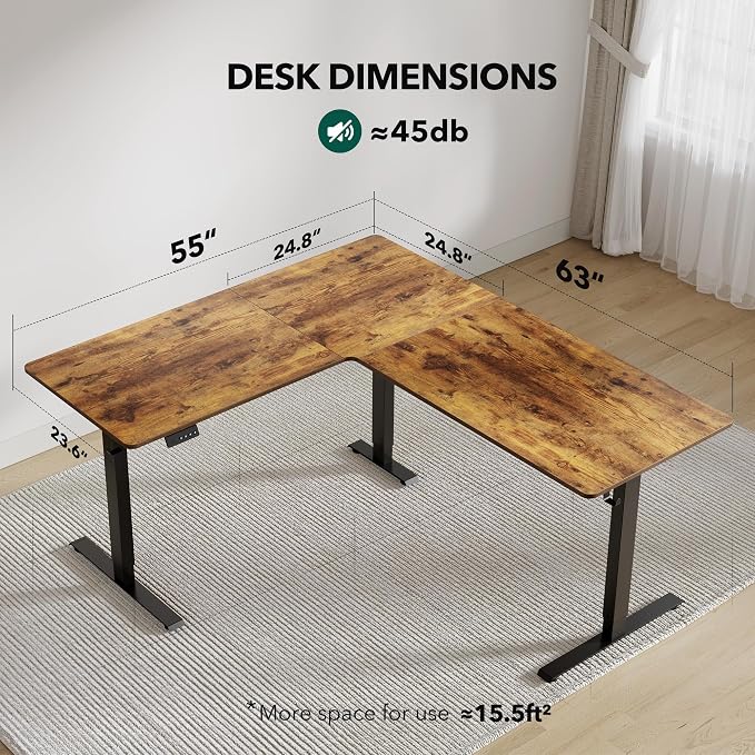 FEZIBO 63" x 55"L Shaped Standing Desk Adjustable Height, Electric Stand up Corner Computer Desk, Sit Stand Home Office Desk with Splice Board, Vintage-Brown - Image 3