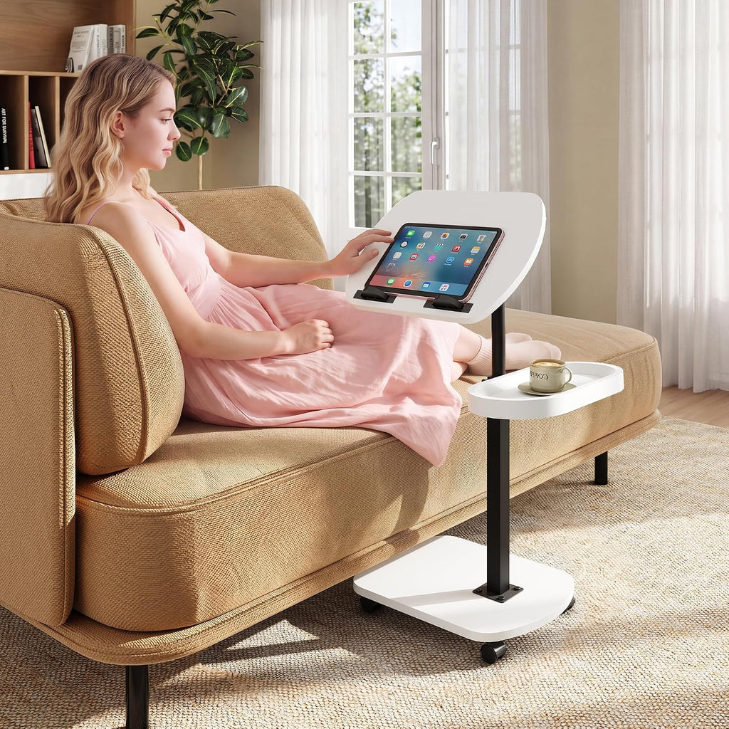 WLIVE C Shaped End Table Adjustable Height 360 Swivel TV Tray Rolling Cup - Image 7