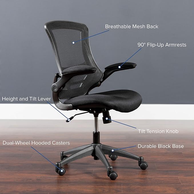 Flash Furniture Set of 4 Mid-Back Swivel Ergonomic Task Office Chairs with Flip-Up Arms, Black Mesh | Flip-up Arms, Mid-Back, Mesh Back - Image 8