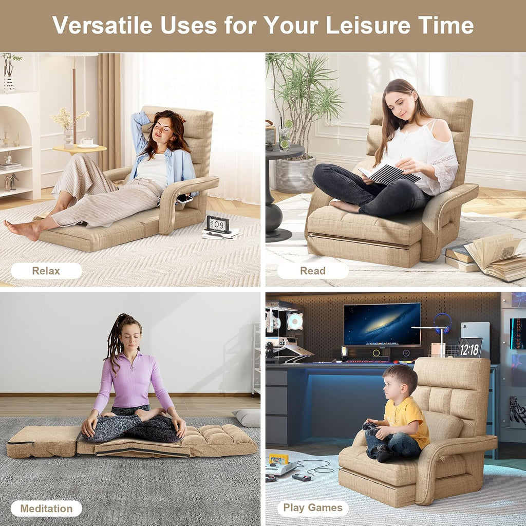 Floor Gaming Chair for Adults, 6-Position Adjustable Chaise Lounge Chair with Meditation Arm, Foldable Lazy Sofa with Pillow, Comfy Chair Indoor for Bedroom Dorm Living Room, Beige - Image 5
