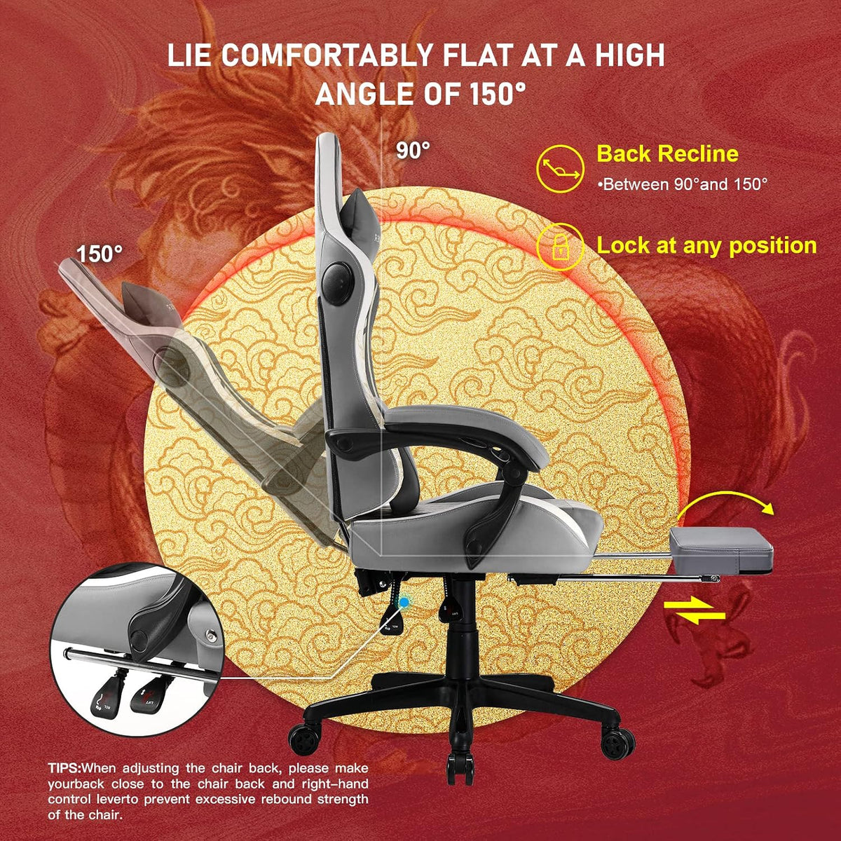 GTPLAYER Gaming Chair with Bluetooth Speakers and Footrest, Dragon Series Video Game Chairs, Heavy Duty Ergonomic Chairs, Esports Gaming Computer Office Chair (Gray) - Image 6