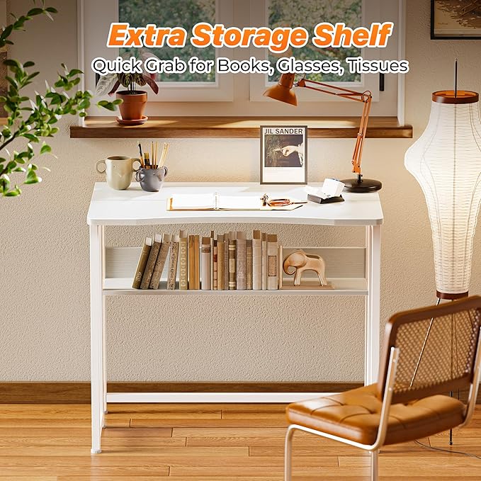Huuger Folding Desk with Storage Shelf, 31.5 Inch Foldable Computer Table | Writing Work Office Computer Desk for Small Spaces, Space Saving Sofa Table for Couch, Easy to Fold, White - Image 6