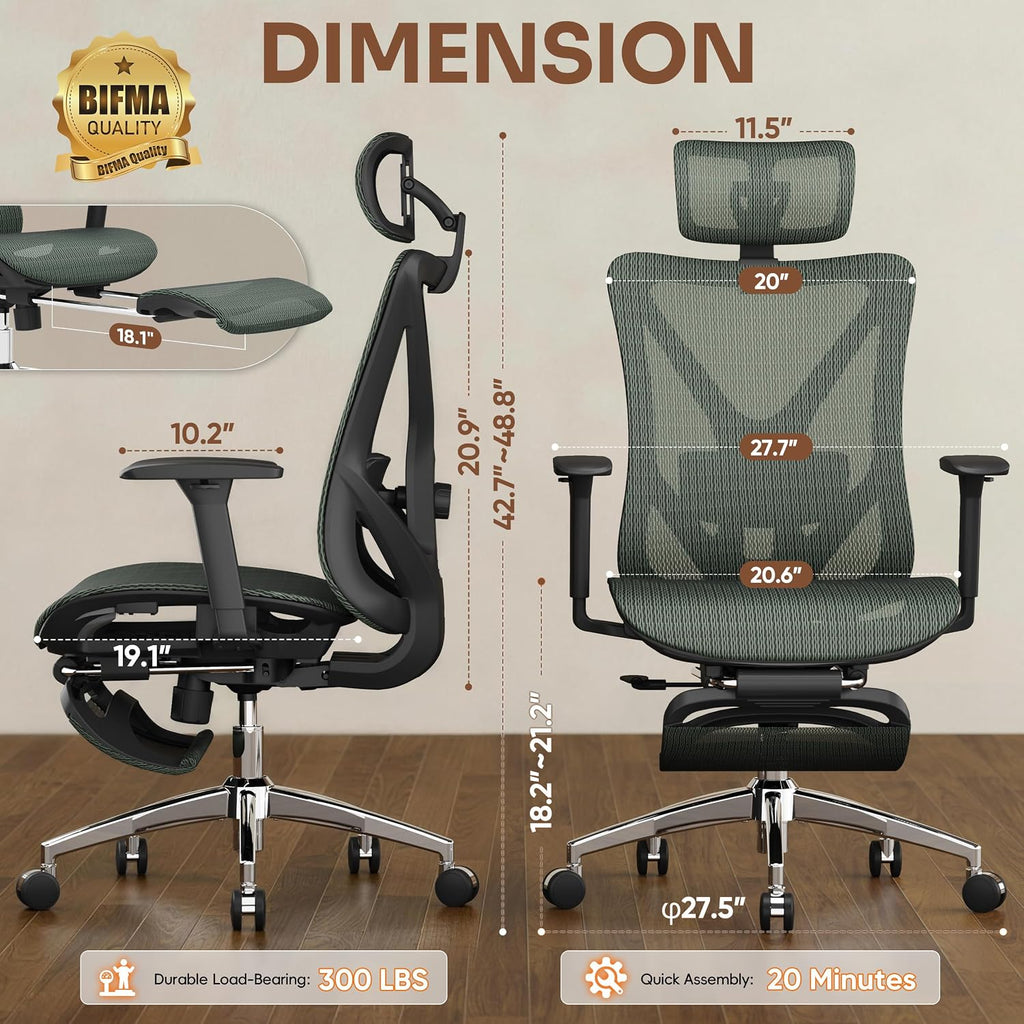 Ergonomic Office Chair with Adjustable Lumbar Support, 3D Armrests & Headrest, 135° Reclining Chair with Footrest & Large Steel Base,300LBS Swivel Desk Chair(GYMN01-JG) - Image 3