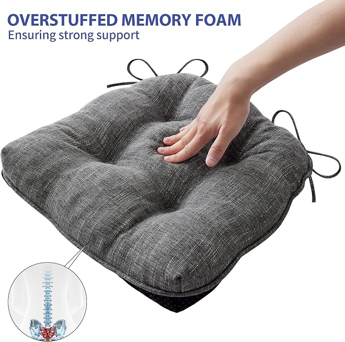 IPYNBAP Chair Cushions for Dining Chairs Set of 4, Kitchen Chair Cushions, Chair Pads with Ties and Non Slip Backing, Tufted Memory Foam Seat Cushion 4 Pack, 18" x 18" x 4", Dark Gray - Image 5