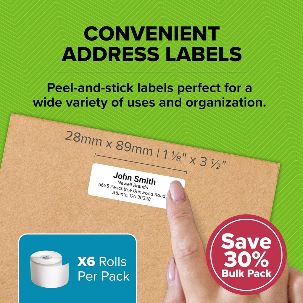 DYMO®-Branded LabelWriter Mailing Address Labels for LabelWriter Label Printers, White, 1-1/8" x 3-1/2", 6 Rolls of 350 (2100 Total) - Image 3
