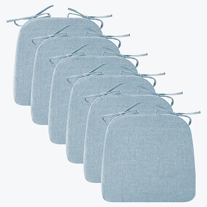 Ruqmuis Chair Cushions for Dining Chairs, 2" Thick Seat Cushions for Kitchen Chairs, D-Shaped Chair Pads with Washable Cover, Ties and Non Slip Backing, 17'' x 16'', Set of 6, Light Blue by Ruqmuis