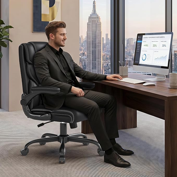 Office Chair, Executive Mid-Back Computer Desk Chair with Flip-up Armrests | 300 Lbs Ergonomic Leather Swivel PC Chair with Rock Function for Working Studying (Black) - Image 9