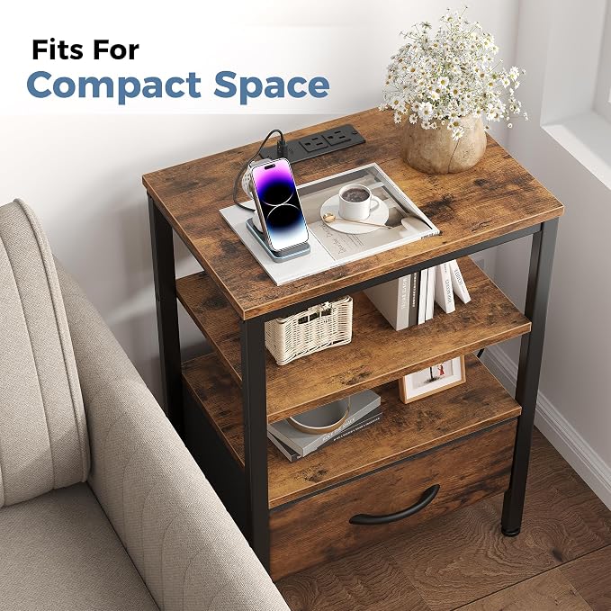 OLIXIS Nightstand with Charging Station, Beside Table with Fabric Drawer | 3-Tier End Table with 2 Storage Shelves,Night Stand with USB Ports and Outlets for Bedroom, Rustic Brown - Image 8