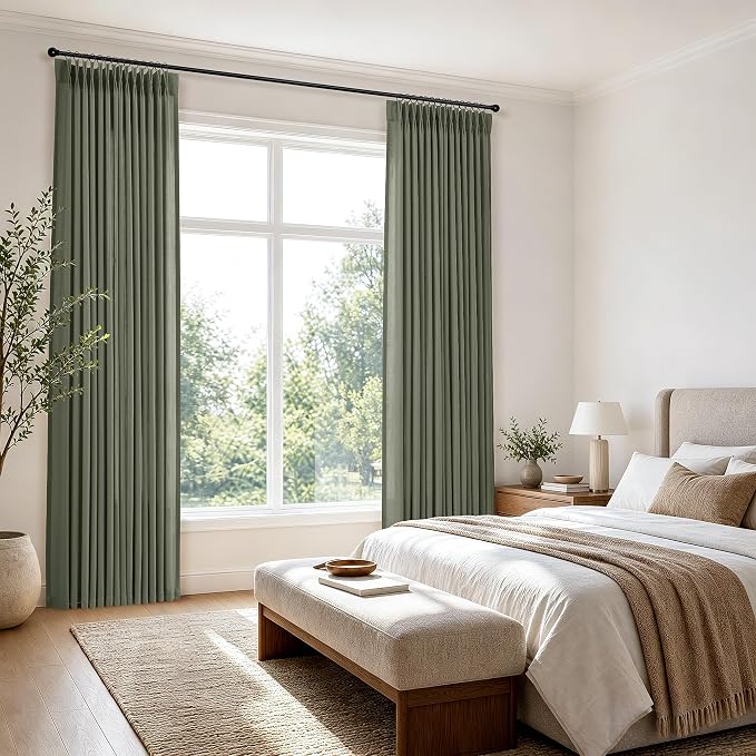 Hokibero Olive Green Pleated Linen Curtains 90 Inch Long for Living Room | Light Filtering Sheer Curtain,Pinch Pleat Back Tab Hooks Rings,Farmhouse Textured Privacy Drapes for Bedroom Window,2 Panels - Image 7