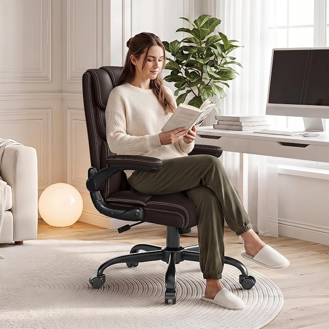 Office Chair, Executive Mid-Back Computer Desk Chair with Flip-up Armrests | 300 Lbs Ergonomic Leather Swivel PC Chair with Rock Function for Working Studying (Coffee) - Image 8