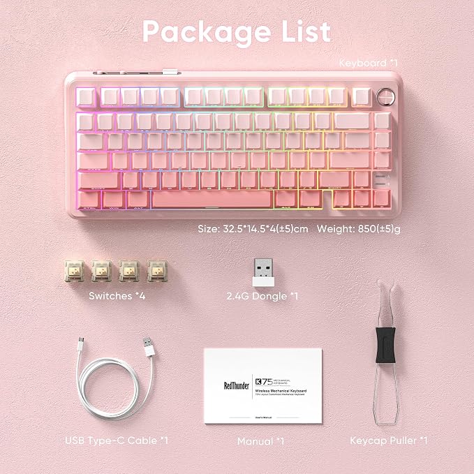 RedThunder K75 Wireless Mechanical Gaming Keyboard, 75% Hot Swappable Creamy Keyboard with Knob, RGB Backlit, Pre-lubed Switches, Side Engraved PBT Keycaps, Wireless/Wired/BT5.0, Gradient Sakura Pink - Image 9