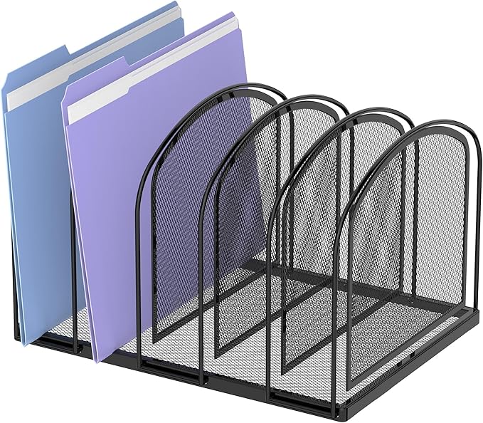 5-Section File Organizer for Desk, Metal File Folder Holder, Black | 5 Vertical Compartments with Sturdy Metal Base for Office Documents Books Magazines and Laptop by SUPEASY