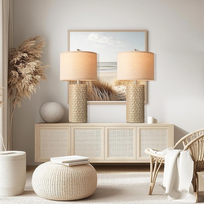 23" Modern Ceramic Table Lamp Set of 2, Table Lamps for Living Room, Rustic Farmhouse Bedside Lamps Nightstand lamp for Bedroom, Desk Lamp for End Table Home Decor Beige - Image 7