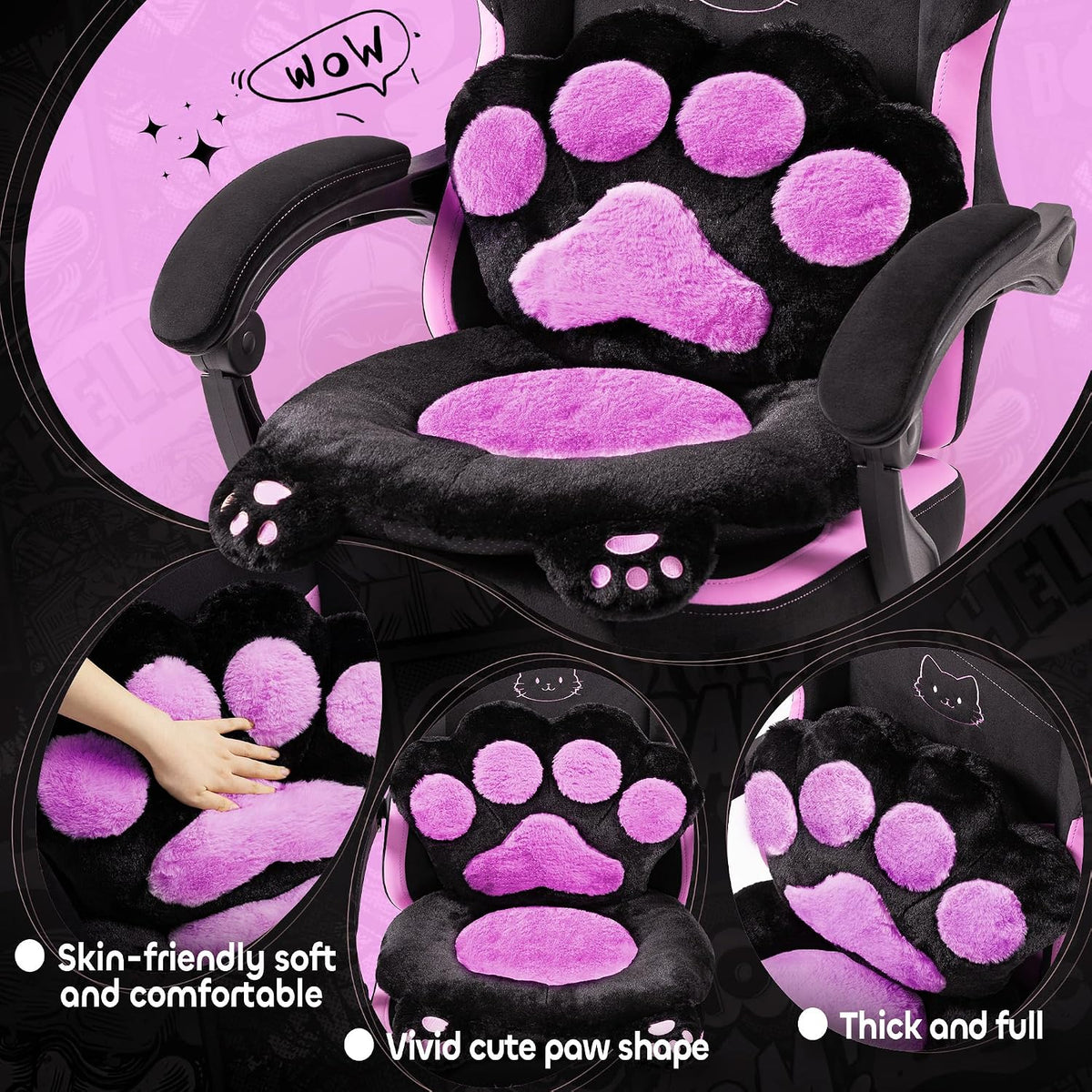 Pink Gaming Chair Cute with Cat Ears Paw Lumbar and Cushion,Ergonomic Computer Chair with Footrest,Reclining PC Game Chair for Girl Computer Chair 300lbs for Adult, Black and Purple - Image 3