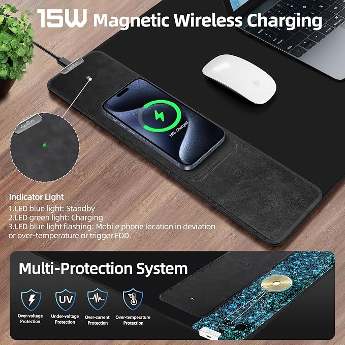 Wireless Charging Mouse Pad, Gaming Mouse Pad with Ultra-Smooth Surface, 31.5”x15.75” Large Desk Mat, Non-Slip Rubber Base, Waterproof Computer Keyboard Pad for Gaming, MacBook, Laptop, Desk - Image 2