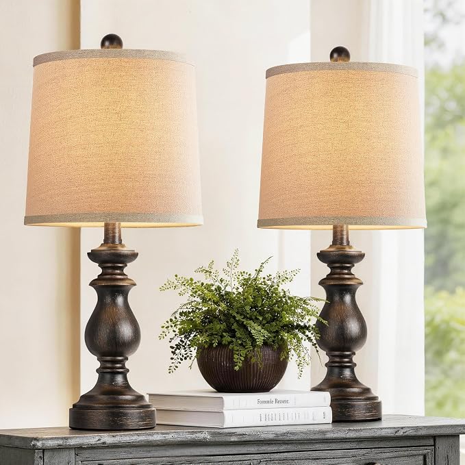 Traditional Table Lamp Set of 2, Rustic Farmhouse Table Lamps for Living Room Bedroom, 22" Bedside Desk Lamps Vintage Nightstand Lamps with Linen Shades, Oil Rubbed Bronze - Image 9