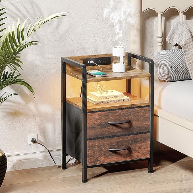 Lazzanto Nightstand with Rear Charging Station, LED Light, 2 Drawers, Brown | Industrial Nightstand, 2 USB-A Ports & AC Outlets, Raised Back Guard, Fabric Storage Drawers, Bedside Table for Bedroom, Dorm - Image 2