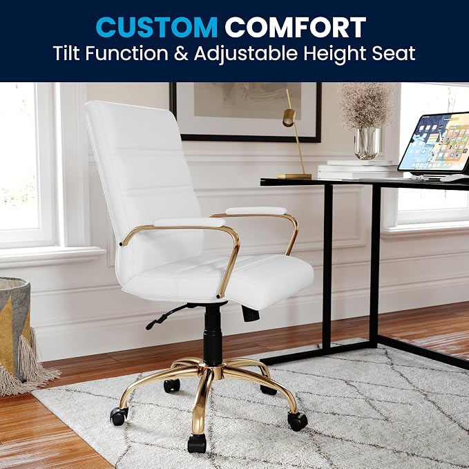 Flash Furniture Mid-Back White LeatherSoft Executive Swivel Office Chair with Gold Frame and Arms - Image 7