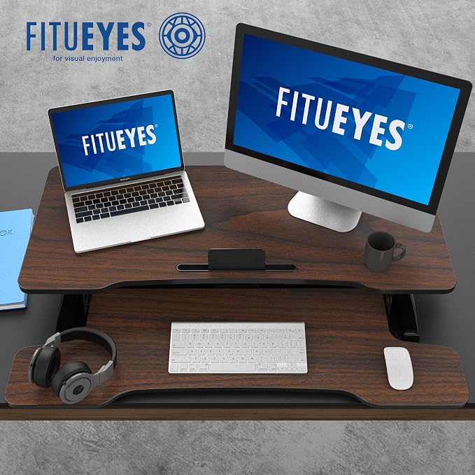 FITUEYES Height Adjustable Standing Desk 36” Wide Sit to Stand Converter Stand Up Desk Tabletop Workstation for Laptops Dual Monitor Riser Brown SD309102WE | Standing Desk Converter,Stand Up Desk Riser,for Laptop Dual Monitor Riser,Tabletop Workstation... - Image 3